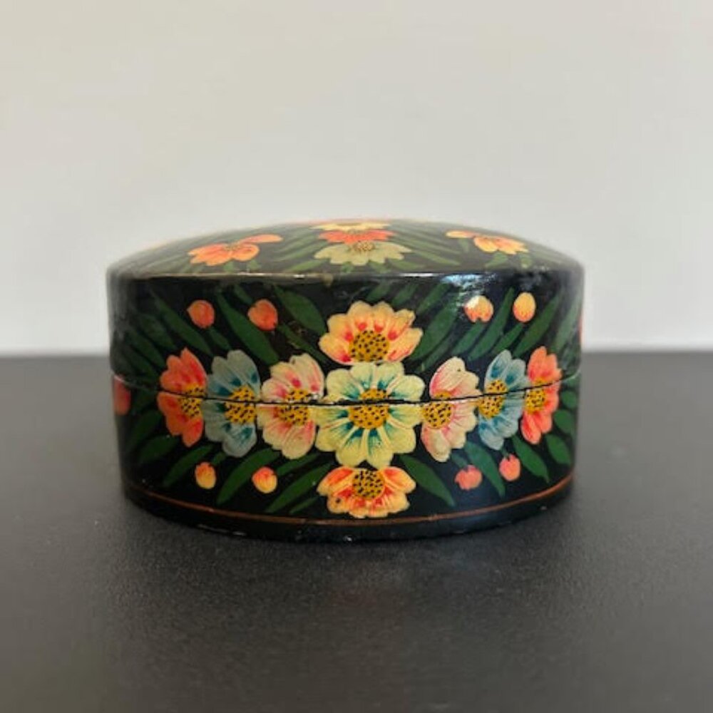 Vintage Papier Mache Trinket Box Red Floral Hand Painted India